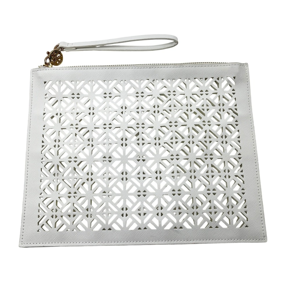 Tory Burch Wristlet Clutch Women White Laser Cut Lattice Logo Charm Large